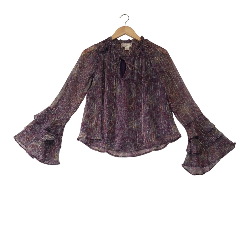 BOG Collective‎ Paisley Blouse Womens XS Purple Metallic Tiered Bell Sleeve Boho